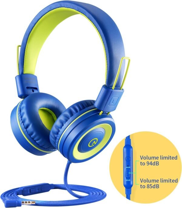 noot products Kids Headphones with Microphone K12 Stereo 5ft Long Cord with 85dB/94dB Volume Limit Wired On-Ear Headset for iPad/Amazon Kindle,Fire/Toddler/Boys/Girls/School(Blue/Lime)