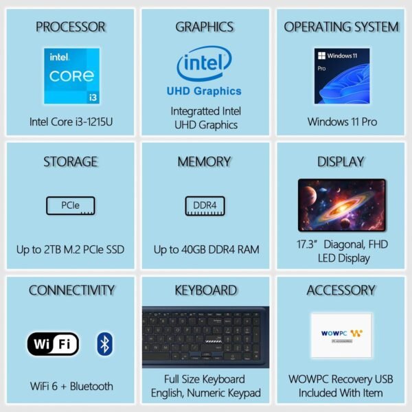 ASUS 17.3" Vivobook, Intel Core i3-1215U 6-core Processor (Beat i7-1165G7), 40GB RAM, 1TB SSD, FHD IPS Display, Intel UHD Graphics, USB-C, HDMI, Wi-Fi 6E, Windows 11 Pro, WOWPC Recovery USB