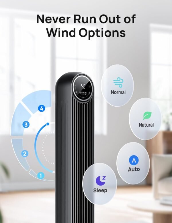 Dreo Tower Fan for Bedroom, 25ft/s Velocity 28dB Quiet Floor Fan, 90° Oscillating Fans for Indoors with 4 Speeds, 4 Modes, 8H Timer, Bladeless Standing Fan, Black, Nomad One (DR-HTF007)