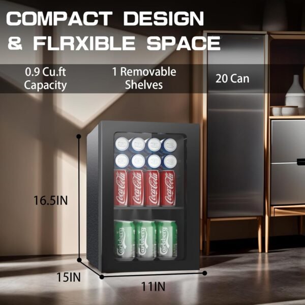 Compact 20 Can/0.9 Cubic Foot Beverage Fridge With Glass Door For Soda, Beer Or Wine, Under Counter Drinks Dispenser With Adjustable Shelves & Digital Display