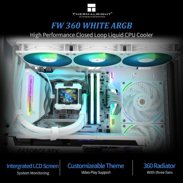 Thermalright FW360 White ARGB CPU Water Cooler with 3 PWM Fans with 2000RPM,IPS LCD Screen with 320 * 240 Resolution,Liquid CPU Cooler with 2.4in LCD Display,CPU PC Aio Cooler for AM5/Intel LGA1851