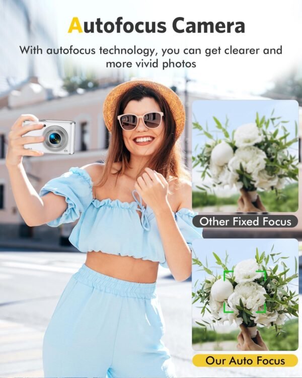 Digital Camera, Auto Focus 4K Vlogging Camera with FHD Dual Camera 48MP 16X Digital Zoom with 32GB Card, YouTube Portable Compact Point and Shoot Camera for Teens Beginner Adult,2 Batteries,White