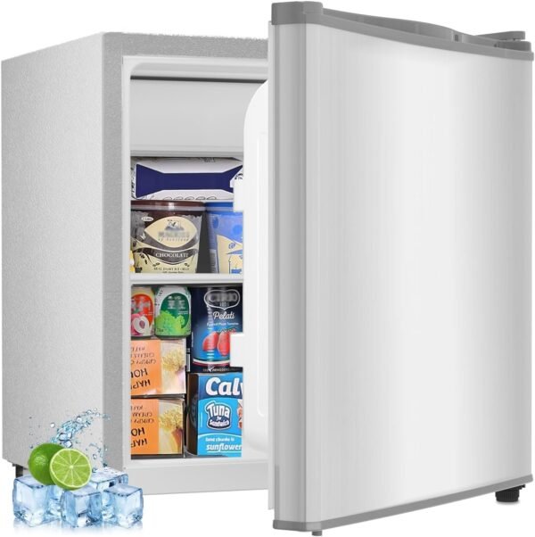 Kismile Mini Fridge with Freezer, 1.6 Cu.ft Mini Refrigerators with Removable Shelves, Adjustable Thermostat, Reversible Single Door, Low Noise, Small Refrigerator for Bedroom/Office/Home (Silver)