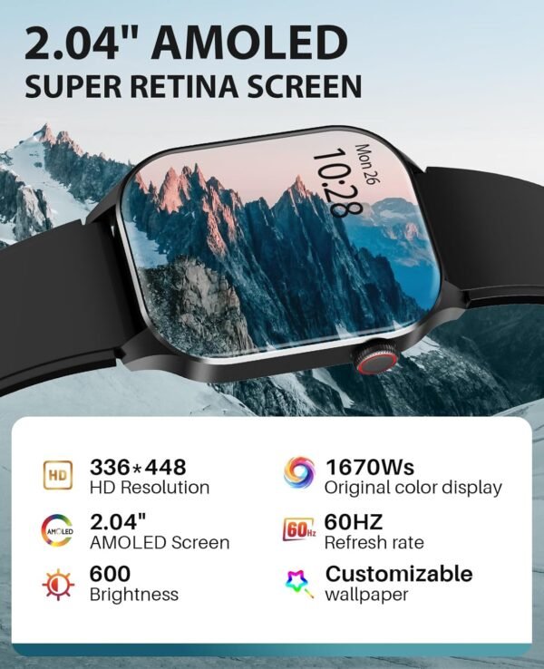 Smart Watch, Infrared True Blood Oxygen Monitor, 2.04-inch AMOLED Display, Heart Rate Sleep Blood Pressure, 136+ Sports Modes, IP68 Waterproof Fitness Tracker, Compatible with Android and iOS