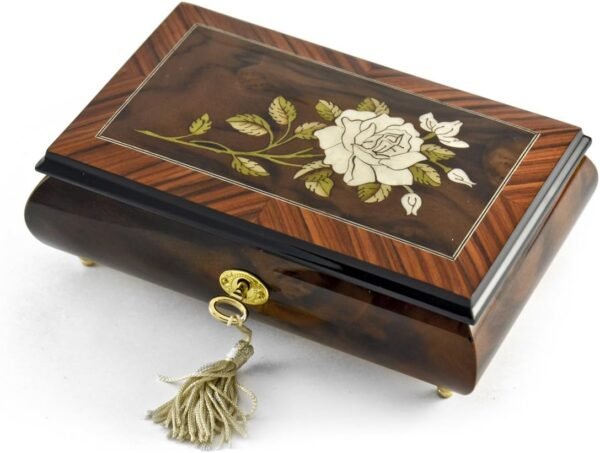 Exquisite 36 Note Single Stem White Rose Musical Jewelry Box - Many Songs to Choose - Sound of Music