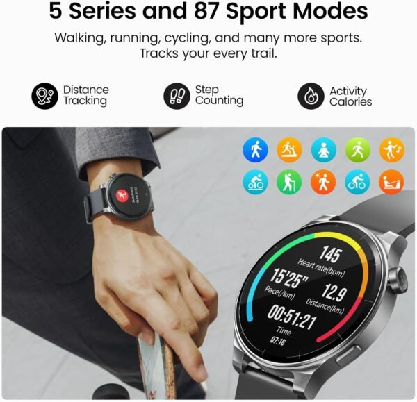 TOZO AMOLED S5 Smart Watch (Answer/Make Calls), 1.43" HD Screen for Men Women 100+ Sport Modes Fitness Watchs with Sleep Monitor, IP68 Waterproof, Silicone Strap Black