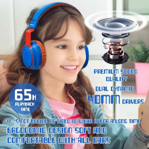 Kids Headphones Bluetooth 5.3 Wireless 60H Play Time Volume Limited 85/110dB Over Ear Foldable Headset with Cable Aux Mic for iPad Notebook Boy Girl Travel School Tablet Blue