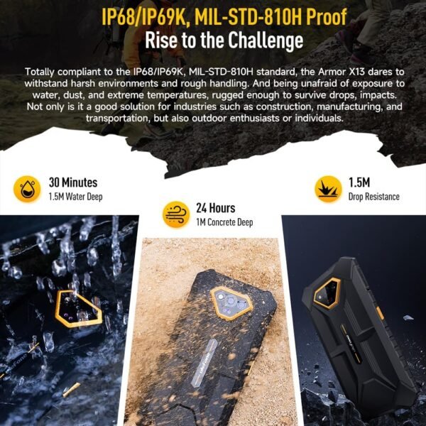 Ulefone Armor X13 12GB+64GB Rugged Smartphone Unlocked, MTK Helio G36 Android 14 Cell Phone, 50MP+24MP Night Vision Camera, 6.52" HD+, 6300mAh, Dual SIM 4G Rugged Phone, NFC/OTG/GPS/FM, Orange