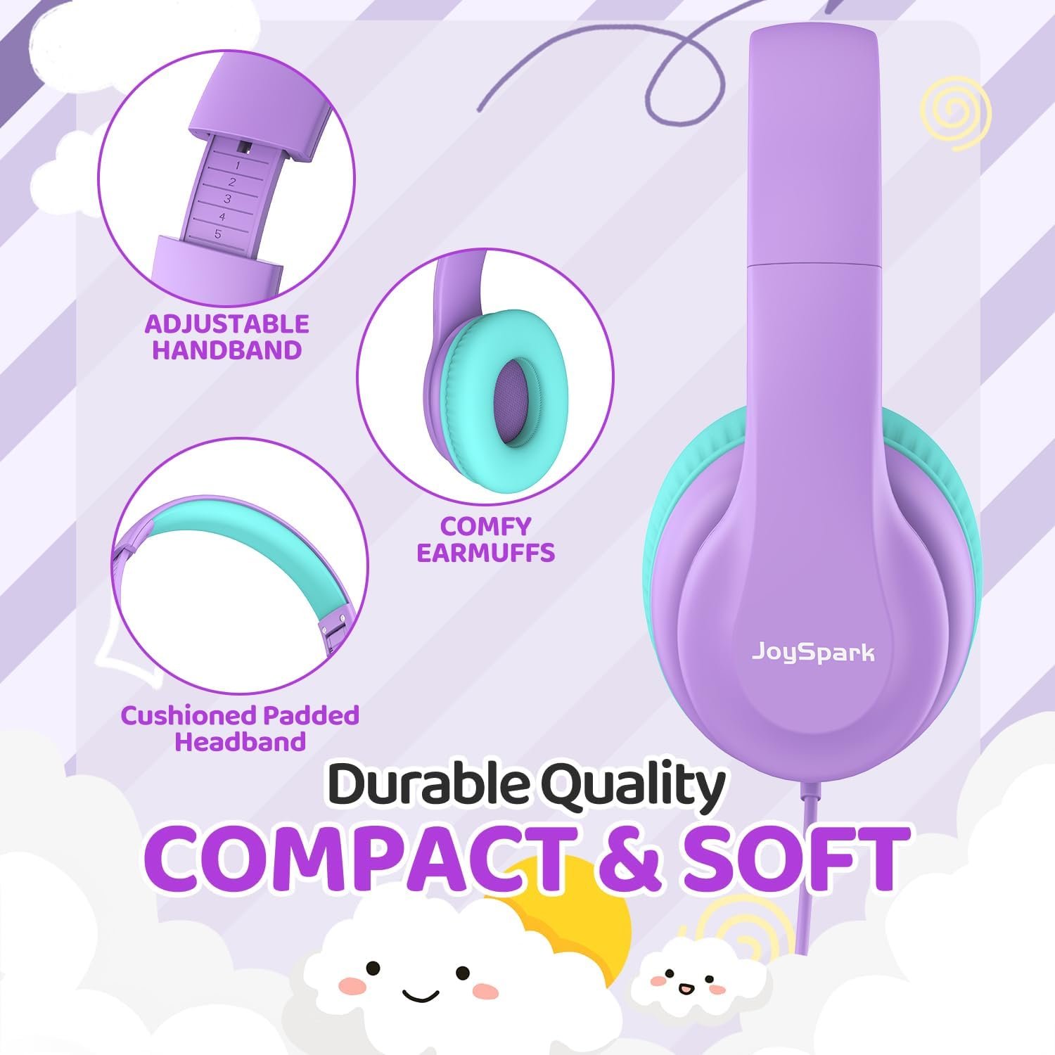 Wired Headphones for Kids, 85dB Volume Limit Toddler Headphones, 3.5mm Kids Headphones with Cord, Adjustable, Stereo Sound Foldable Kids Headphones for School-Purple
