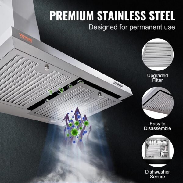 VBENLEM Wall Mount Range Hood, Ductless Chimney-Style Kitchen Stove Vent, Stainless Steel Permanent Filter with 3-Speed Exhaust Fan, 2 Baffle Filters, LED Lights, Push Button, Silver (30 inch)