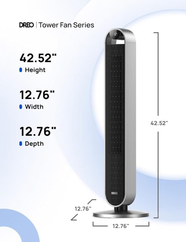 Dreo Tower Fan for Bedroom, 42 Inch 120° Oscillating Fan, 25dB Quiet DC Motor, 27ft/s Velocity Bladeless Standing Fan with 12 Speeds, 4 Modes, 12H Timer Cooling Fans for Home, Living Room, Pilot Max S