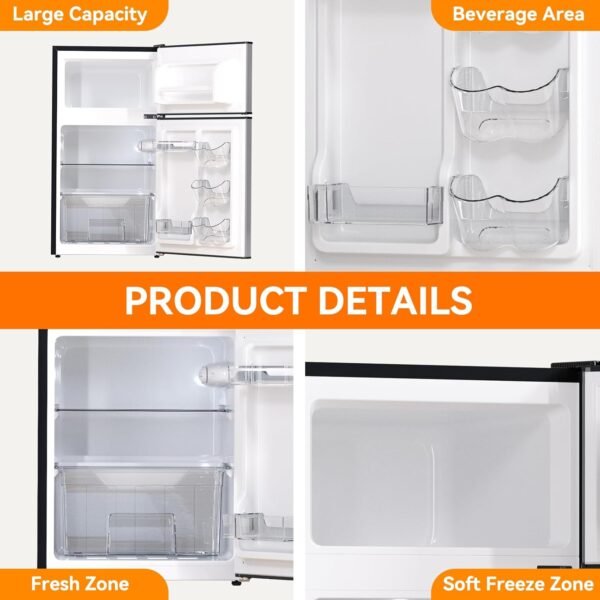 Frestec Mini Fridge with Freezer 3.5 Cu.Ft. 2 Door Refrigerator and Freezer Small Fridge for Bedroom Home Office Dorm, Small Drink Chiller, 37 dB Low Noise, Stainless Steel