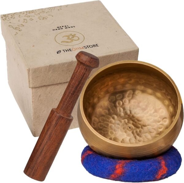 Ohm Store Tibetan Singing Bowl Set — Meditation Sound Bath Bowl and Wooden Striker with Lokta Gift Box — Hand Hammered Nepali Instrument for Yoga, Chakra Healing and Stress Relief