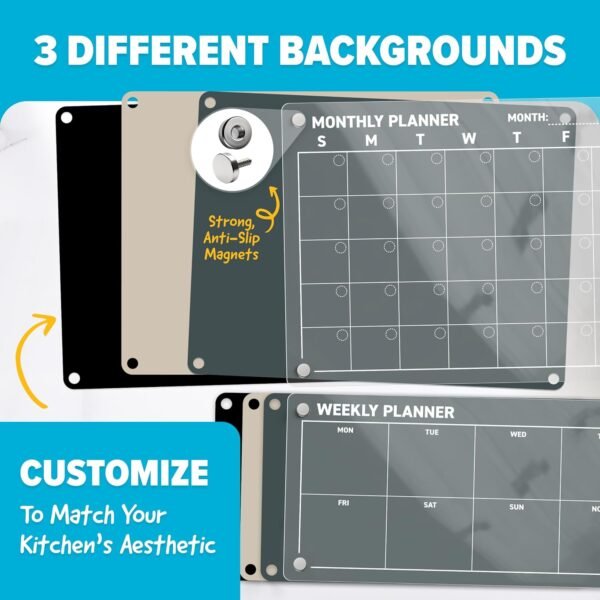 Acrylic Fridge Calendar - Magnetic Calendar for Refrigerator - 2pc Family Refrigerator Magnetic Dry Erase Planning Board Monthly Weekly Daily - 6 Liquid Chalk Markers & 3 Interchangeable Backgrounds