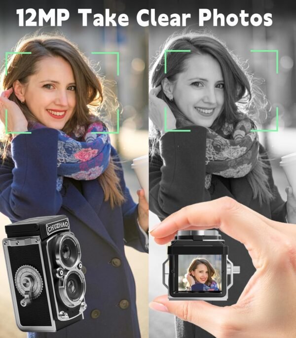 CHUZHAO Vintage Mini Digital Camera, Portable TLR Style Retro Point and Shoot Compact Small Pocket 1080P FHD Video 12MP Autofocus Vlogging Camera with 16 GB Card for Beginners Teens Adults Kids Black