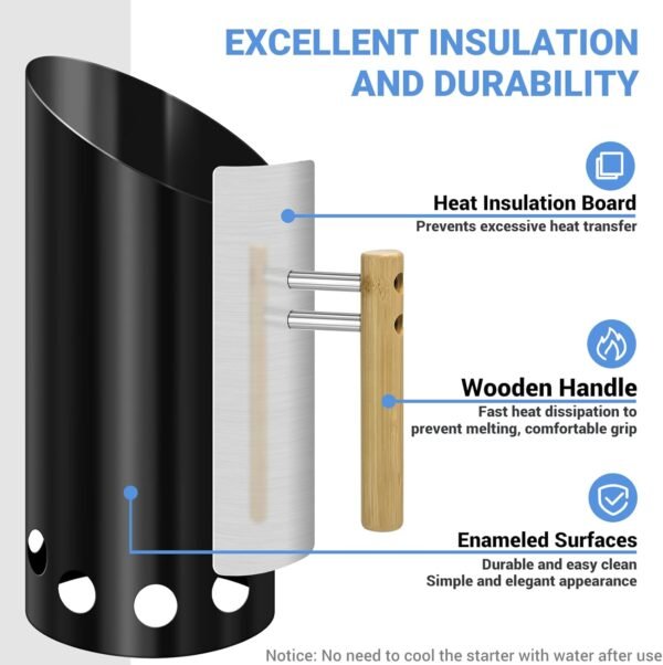 Charcoal Chimney Starter Double Enameled Large Capacity Chimney Starter, Chimney Starter for Charcoal Grill with Heat Shield & Rubber Wood Handle Great Heat Insulation and Easy Grip
