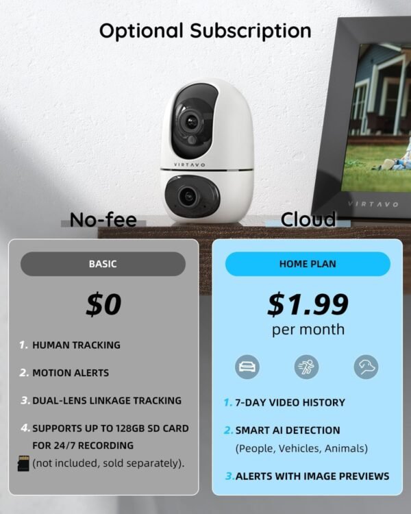 virtavo XD1 Indoor Security Camera, Dual-Lens & Split View, 360° PTZ Baby Monitor & Pet Cam, Motion Tracking, 2-Way Audio, Night Vision, Cloud/SD Storage, Phone App, 2.4GHz WiFi