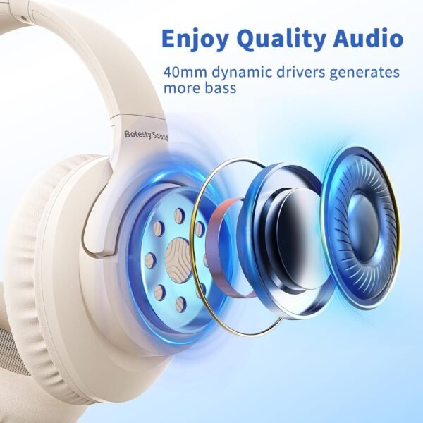 Headphones Wired with Microphone, Over Ear Foldable 3.5mm Plug in Headphones with 4.9ft Tangle-Free Nylon Cord for Tablet, Computer, MP3/4, Airplane Travel (Beige)