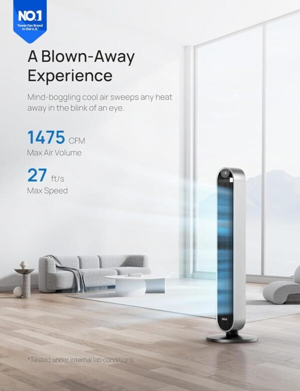 Dreo Tower Fan for Bedroom, 42 Inch 120° Oscillating Fan, 25dB Quiet DC Motor, 27ft/s Velocity Bladeless Standing Fan with 12 Speeds, 4 Modes, 12H Timer Cooling Fans for Home, Living Room, Pilot Max S