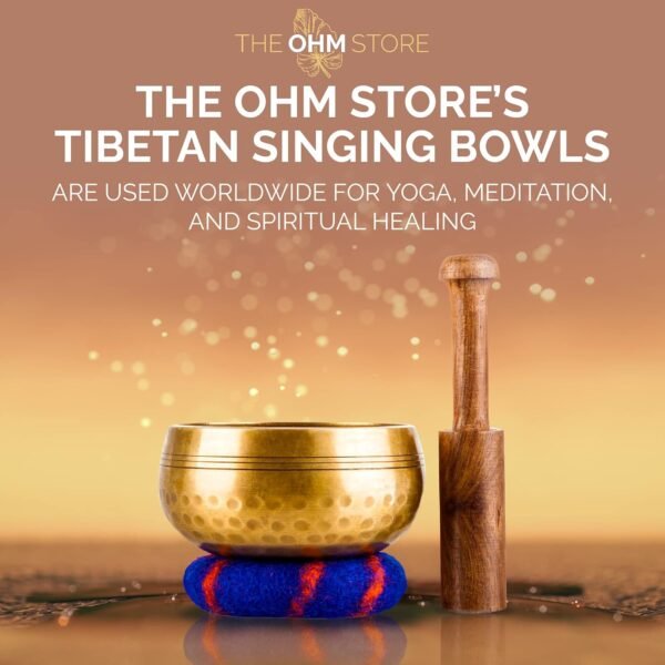 Ohm Store Tibetan Singing Bowl Set — Meditation Sound Bath Bowl and Wooden Striker with Lokta Gift Box — Hand Hammered Nepali Instrument for Yoga, Chakra Healing and Stress Relief