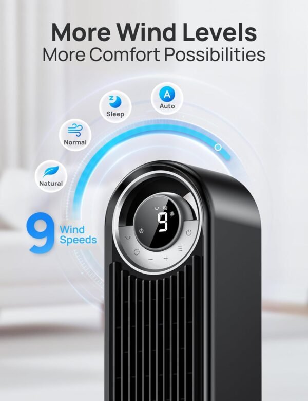 Dreo Tower Fan for Bedroom, Upgrated DC 9 Speeds Ultra-Quiet Floor Fan, 90° Oscillating Fans for Indoors with 28ft/s Velocity, 12H Timer, Standing Fans, Bladeless Fan Powerful for Home Office Room