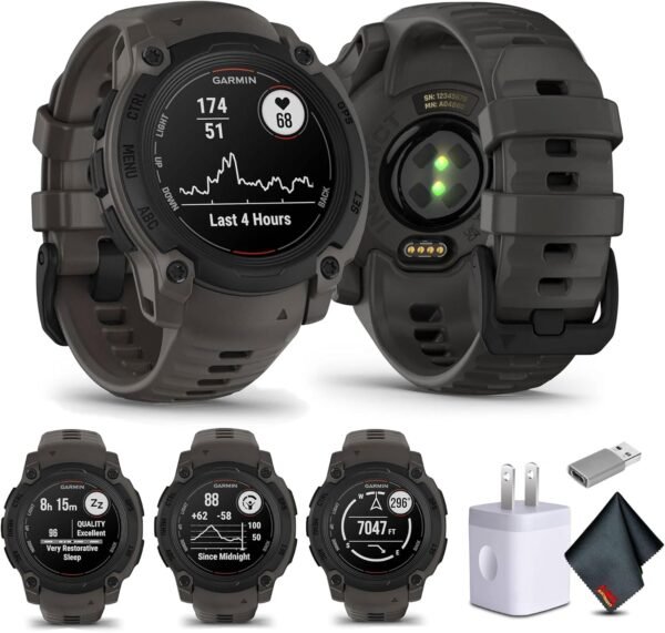 Garmin Instinct E 40mm, Outdoor GPS Smartwatch, 24/7 Health Monitoring, Up to 14 Days of Battery Life, Charcoal 010-02932-00 Health, Fitness and Tactical Smart Watch Bundle for Men & Women