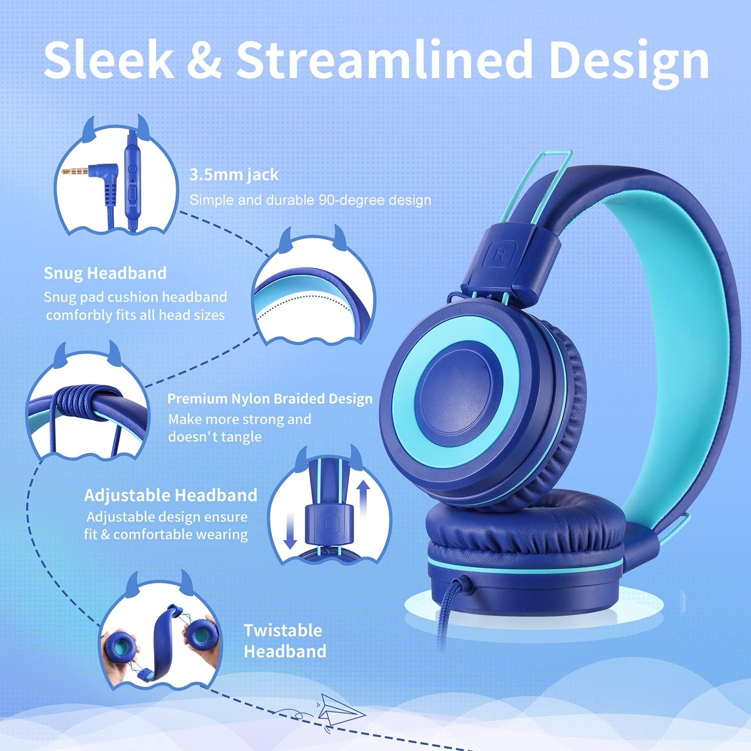 P10 Kids Stereo Headphones with Microphone for Children Boys Girls,Adjustable 85dB/94dB Volume Control Foldable On-Ear Headphone for School/PC/Cellphone(Blue)
