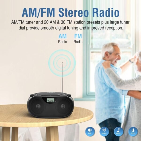 Portable Stereo CD Player Boombox with AM/FM Radio, Bluetooth, USB, AUX-in, Headphone Jack, CD-R/RW and MP3 CDs Compatible, Clear and Full Sound with Bass Boost, AC/Battery Operated – Black