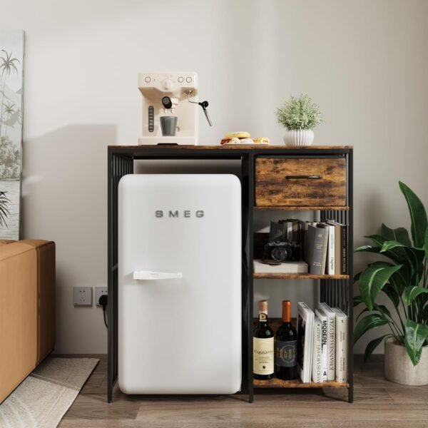 VOWNER Mini Fridge Cabinet with Power Outlet, 3-Tier Industrial Style Kitchen Microwave Stand Baker Rack with Drawer, Utility Storage Shelf for Home Kitchen Dorm Office, Vintage Wood, 35" Lx22 Wx37 H