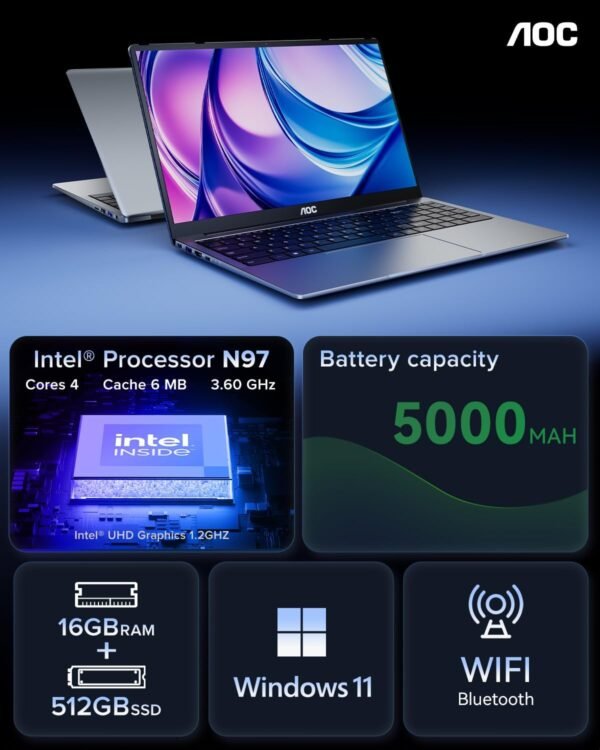 AOC Laptop Computer 16GB RAM 512GB SSD Work Laptops 15.6 Inch FHD Screen Premium Laptop (Up to 3.6GHz) Windows 11 Laptop Computer, Light&Thin, Metal Shell, Webcam, Type-C, USB3.2