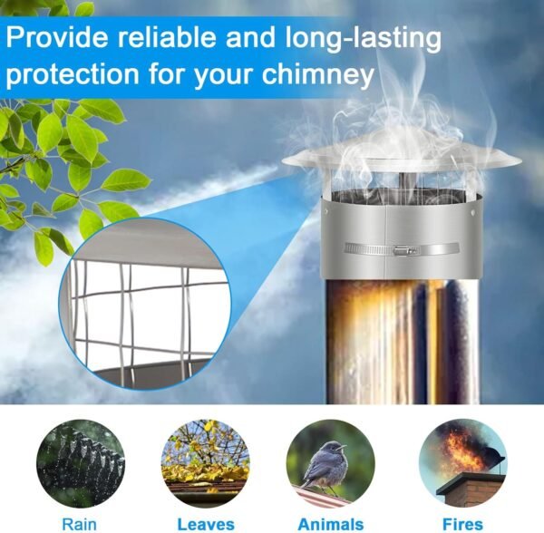 8 Inch Round Chimney Cap with Screen, Tapered Top Roof Rain Chimney Cover for Outside,Adjustable Fireplace Stove Pipe Topper, Stainless Steel