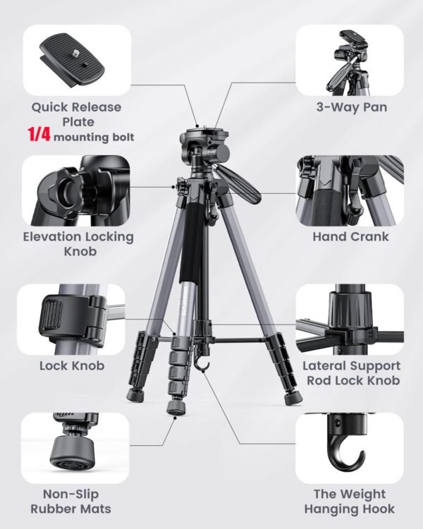 74"-Camera-Tripod, Gray Professional Aluminum Tripod Stand and Leg for Mirrorless Camera/DSLR/Cell Phone/Camcorder/GoPro, with Phone Holder and Travel Bag (Gunmetal Gray)