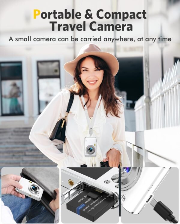 Digital Camera, Auto Focus 4K Vlogging Camera with FHD Dual Camera 48MP 16X Digital Zoom with 32GB Card, YouTube Portable Compact Point and Shoot Camera for Teens Beginner Adult,2 Batteries,White