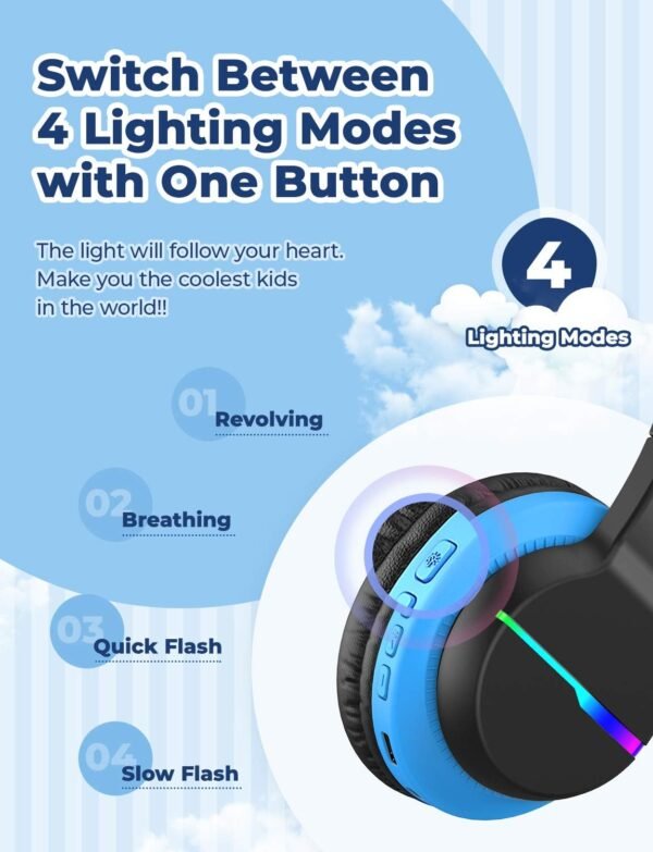 iClever BTH12 Kids Bluetooth Headphones,Colorful LED Lights Wireless Kids Headphones,74/85dBA Safe Volume,85H Playtime,Bluetooth 5.2,Over Ear Headphones Built-in Mic for iPad/Tablet/Airplane,Black