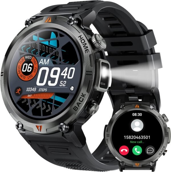 Military Smart Watch for Men with LED Flashlight 1.45” Rugged 3ATM Waterproof Smart Watch with 100+ Sports Modes Fitness Tracker with Heart Rate Sleep Monitor Tactical Smartwatch for iPhone Android