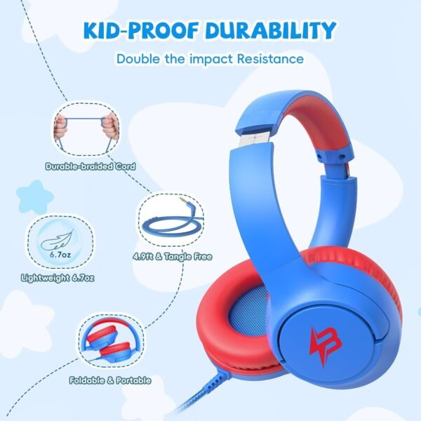 Kids Headphones with Cord for School, 85/94dB Volume Limited, Wired Headphones with Microphone for Kids Boys Girls Toddler, Over Ear Stereo Sound 3.5mm Jack for Computer, Tablet, Airplane Travel, Blue