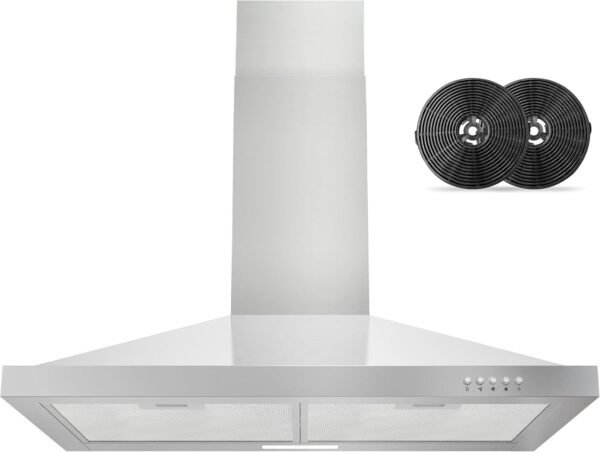 FIREGAS Range Hood 30 inch Wall Mount with Ducted/Ductless Convertible, 450 CFM Stainless Steel Chimney-Style Kitchen Hood, Over Stove Vent Hood with 3 Speed Fan, LED Light, Charcoal Filters