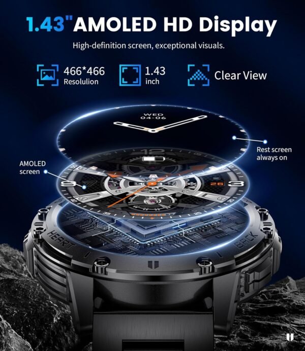 Military Smart Watches for Men(Answer/Make Calls) with LED Flashlight,530mAh Large Battery,1.43’’ AMOLED Heart Rate/Sleep Monitor 5ATM Waterproof Smartwatch for Android iOS,100+Sport Modes,3 Straps