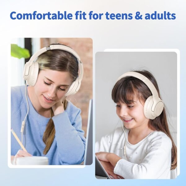 Headphones Wired with Microphone, Over Ear Foldable 3.5mm Plug in Headphones with 4.9ft Tangle-Free Nylon Cord for Tablet, Computer, MP3/4, Airplane Travel (Beige)