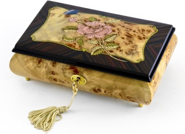 Harmonious 36 Note Single Pink Rose and Butterfly with Rosewood Frame Music Box - Many Songs to Choose - Sound of Music
