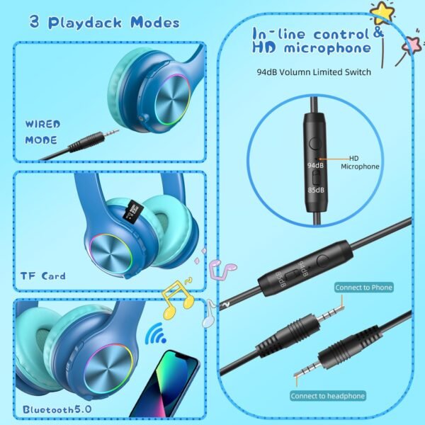 Bluetooth Kids Headphones Fit for Aged 3-21, Colorful LED Lights Comfort Wireless Headphones with Microphone 94dB Volume Limited for School/iPad/PC/TV/Cellphones, Wired & TF Card Mode,Blue