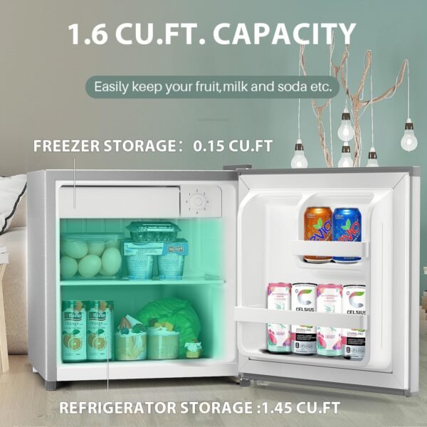 Kismile Mini Fridge with Freezer, 1.6 Cu.ft Mini Refrigerators with Removable Shelves, Adjustable Thermostat, Reversible Single Door, Low Noise, Small Refrigerator for Bedroom/Office/Home (Silver)