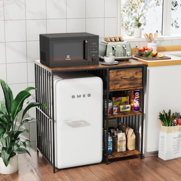 VOWNER Mini Fridge Cabinet with Power Outlet, 3-Tier Industrial Style Kitchen Microwave Stand Baker Rack with Drawer, Utility Storage Shelf for Home Kitchen Dorm Office, Vintage Wood, 35" Lx22 Wx37 H