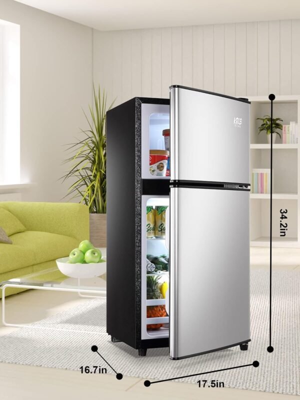 Refrigerator with Freezer 3.5 Cu.Ft with 7 Level Adjustable Thermostat Control 2 Door Energy Saving Top-Freezer Compact Refrigerator Silver (KB03 FLS-80-Silver-2)