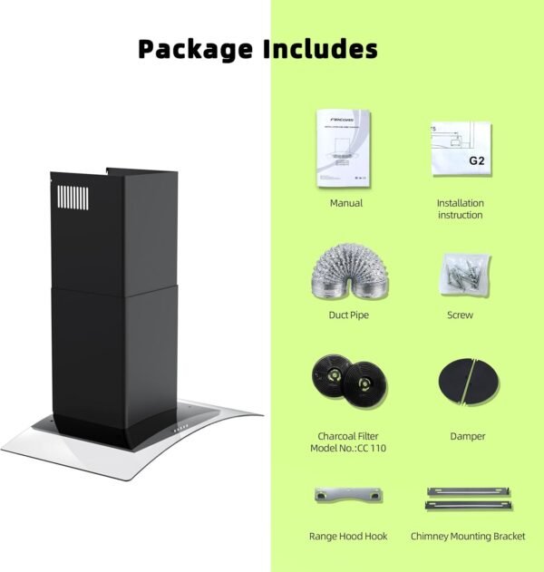 FIREGAS Wall Mount Range Hood 30 inch with 3 Speed Fan,black range hood with tempered glass,400CFM,Push Button Controls, LED Lighting, Permanent Filters in Stainless Steel,includes 2 Charcoal Filters