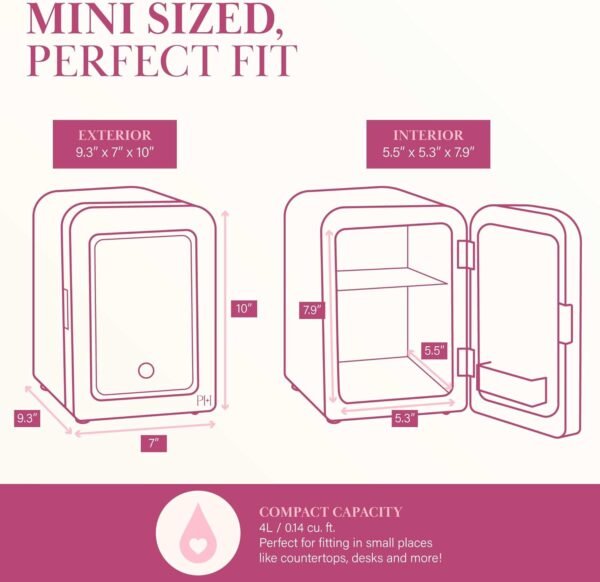 Paris Hilton Mini Refrigerator and Personal Beauty Fridge, Mirrored Door with Dimmable LED Light, Thermoelectric Cooling and Warming Function for All Cosmetics and Skincare Needs, 4-Liter, White