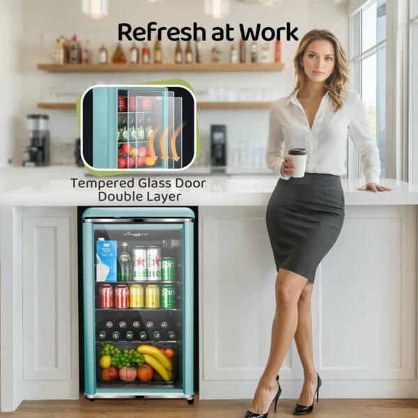 4.9 Cu.Ft Beverage Refrigerator Cooler with Double Tempered Glass Door, 120 Can Wine Drink Beer Retro Small Mini Fridge for Office Bedroom Bar with 7 Temperatures, Adjustable Shelves, Blue