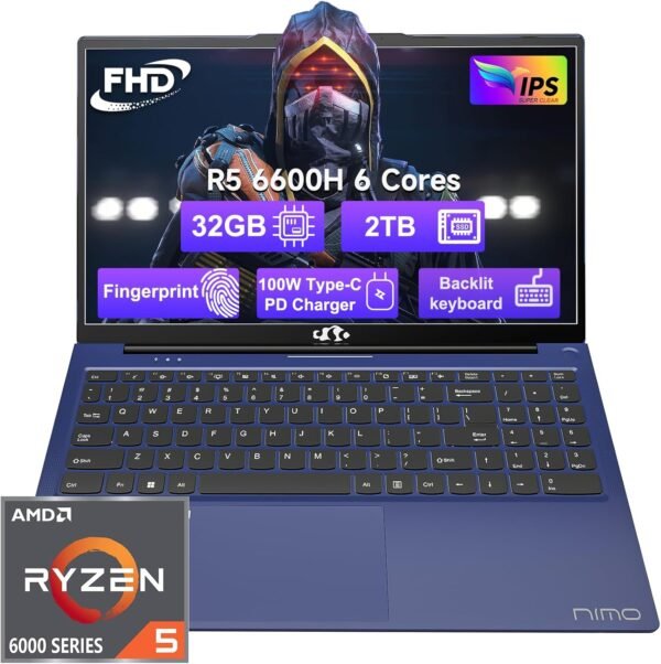 NIMO Laptop, 15.6 FHD-Laptop, 32GB RAM 2TB SSD, 6 Cores AMD Ryzen 5 6600H (Beat i5-12450H, Up to 4.5GHz), 100W Type-C 54Wh Battery WiFi 6 BT5.2 Backlit Keyboard Laptop for Working Student Business