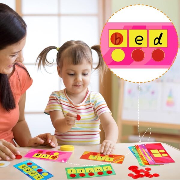 Yexiya 200 Pcs Sound Box Mats and Chips Set Include 48 Dry Erase Mats and 152 Chips and Phonemic Awareness Phonics Games Classroom Reading Games for Kindergarten Preschool Elementary Student