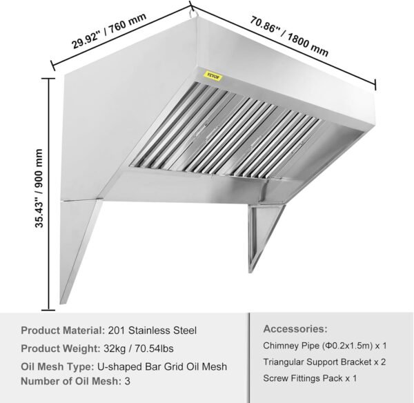 VEVOR Commercial Exhaust Hood, 6FT Food Truck Hood Exhaust, 201 Stainless Steel Concession Trailer Hood with 3 Detachable U-shaped Grid Oil Filter Mesh, Rust Resistant Vent Hood for Kitchen Restaurant